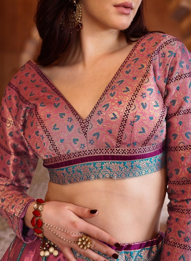 PURVAJA حريمي Kanjivaram شبه مخيطة Lehenga choli (Aayat-Pink_Pink_Free Size) - Image 5
