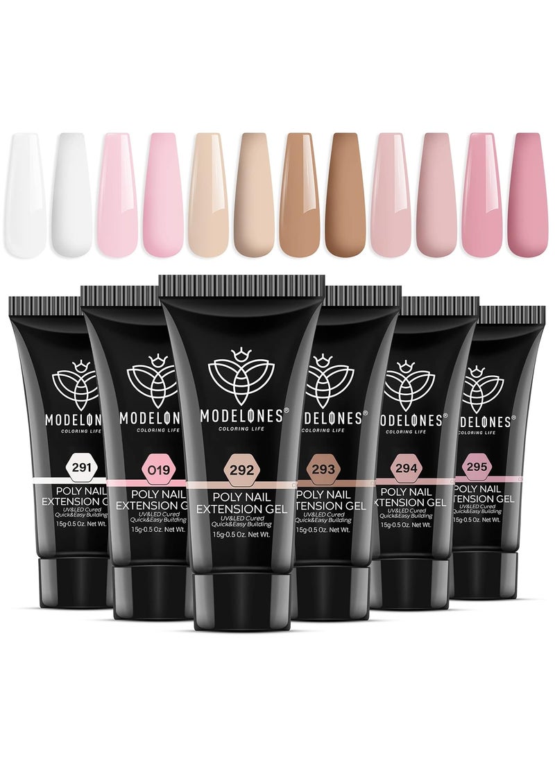 modelones modelones Poly Extension Gel Kit for Nail, 6 Colors Pink Nude Collection Poly Nail Gel Set Builder Gentle Colors French Manicure DIY Design Home Salon 