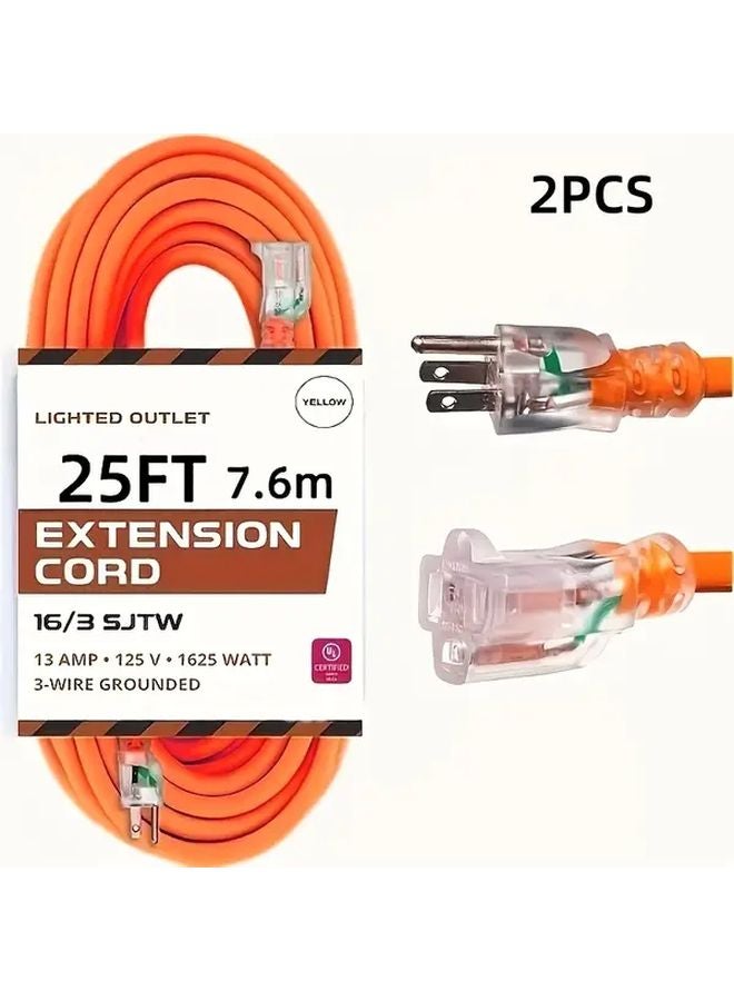 2Pcs 25FT Heavy Duty Yellow Extension Cord 15 Amp SJTW IP65 LED Lighted Plug - Image 1