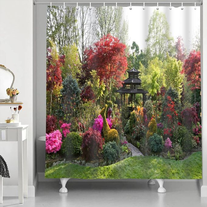 SHOWER CURTAIN 3D GARDEN VIEW FLOWERS TREES OUTDOOR NATURE SCENERY WATERPROOF CLOTH FABRIC BATHROOM DECOR SET WITH HOOKS 72X72 INCH