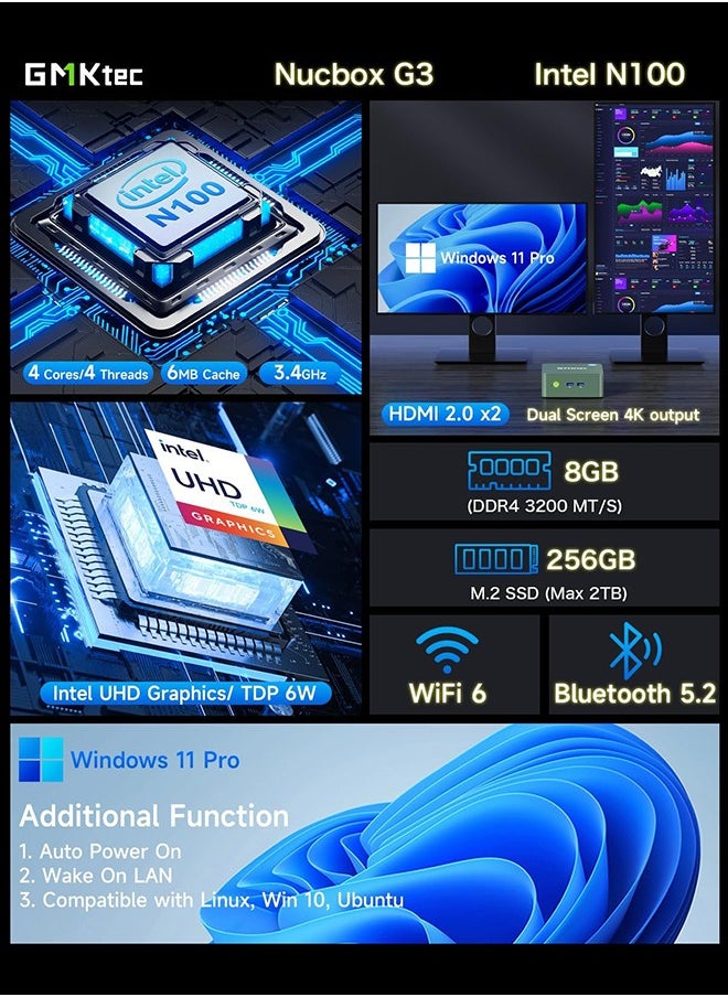 GMKtec - GMKtec Desktop Mini PC Windows 11 Pro Intel N100 8GB DDR5 256GB SSD Dual LAN, Mini Computer 1000Mbps, 4K Triple Display, WiFi6, BT5.2, Energy Efficient - Image 1