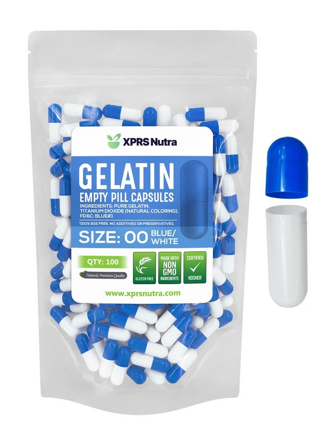 XPRS Nutra Size 00 Empty Capsules - 100 Count Empty Gelatin Capsules - Pills DIY Capsule Filling - Fillable Pill Gel Caps for Supplements (Blue/White) - Image 1