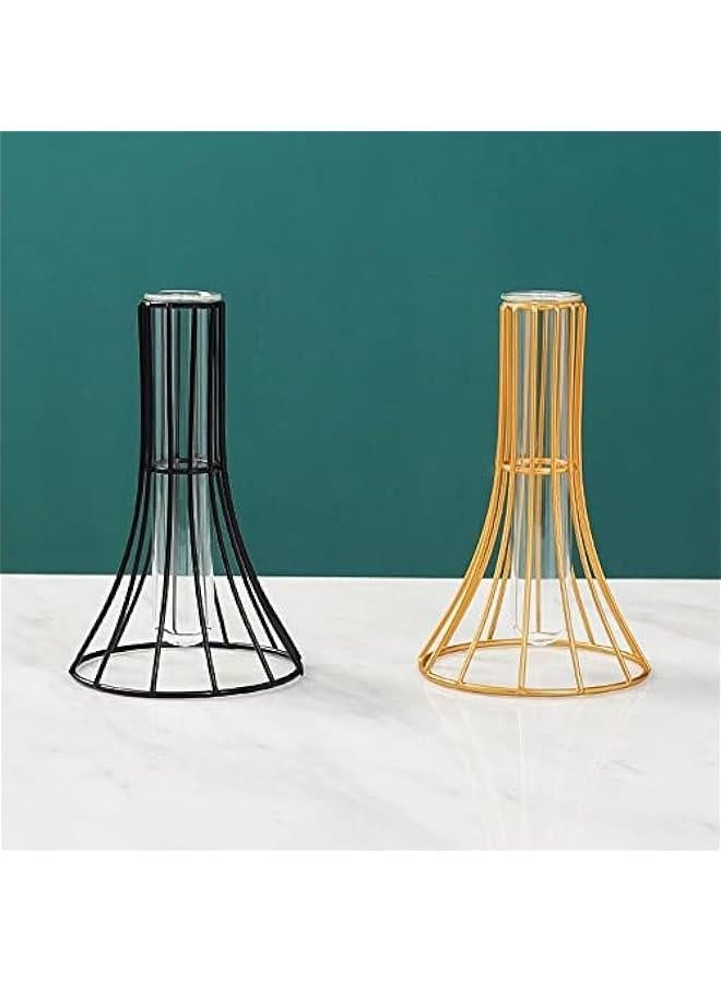Nordic Styles Hydroponic Flower Vase Geometric Line Frame Iron Art Vase Glass Test Tube Metal Holder Home Decoration Craft Gift(6inch,Gold) - Image 4