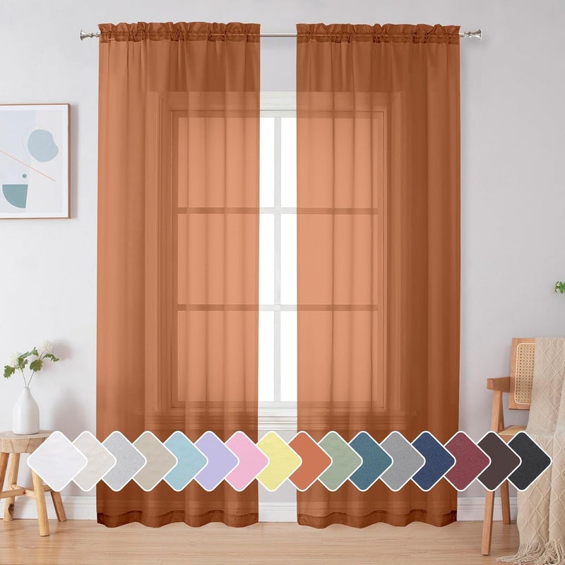 SimpleBrand Orange Sheer Curtains 84 Inches Long, Light Filtering Rod Pocket Solid Color Window Sheer Curtain Panels, Elegant Curtains & Drapes for Living Room, Bedroom 2 Panels (42" W x 84" L) - Image 1