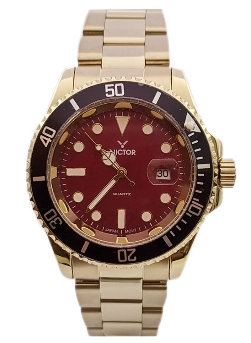 Victor Men Analog Quartz Gold Stainless Steel Band Watch V1434-03 - Image 1