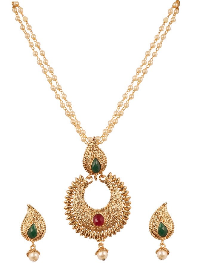 Touchstone NEW! Indian Bollywood Traditional Paisley Motif Fine South India Inspired Workmanship Faux Ruby Emerald Pearls Designer Temple Jewelry Pendant Set In Antique Gold Tone For Women. - Image 1