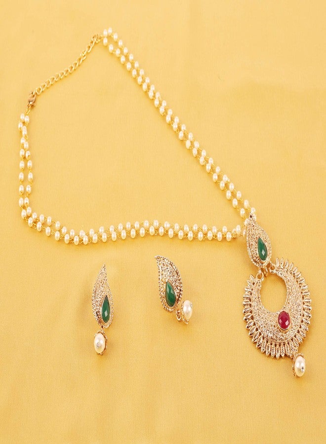 Touchstone NEW! Indian Bollywood Traditional Paisley Motif Fine South India Inspired Workmanship Faux Ruby Emerald Pearls Designer Temple Jewelry Pendant Set In Antique Gold Tone For Women. - Image 3