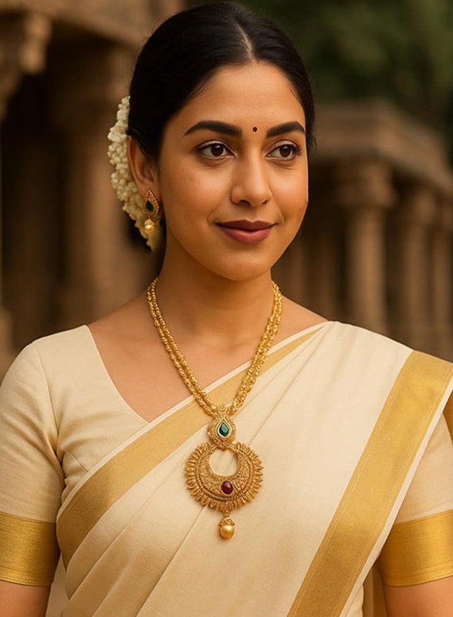 Touchstone NEW! Indian Bollywood Traditional Paisley Motif Fine South India Inspired Workmanship Faux Ruby Emerald Pearls Designer Temple Jewelry Pendant Set In Antique Gold Tone For Women. - Image 2