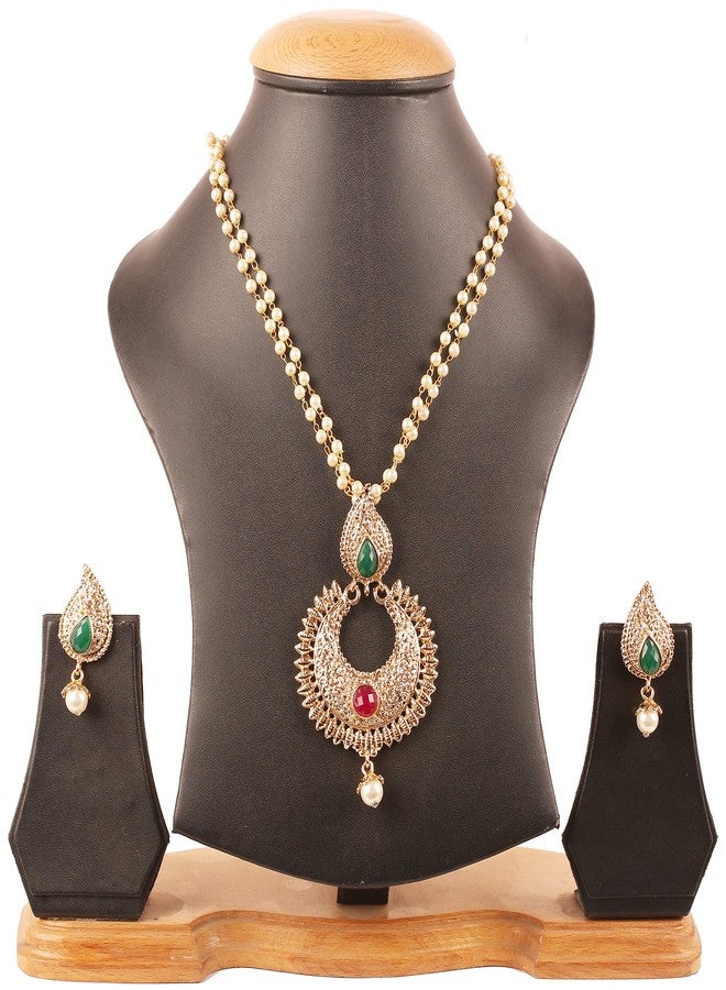 Touchstone NEW! Indian Bollywood Traditional Paisley Motif Fine South India Inspired Workmanship Faux Ruby Emerald Pearls Designer Temple Jewelry Pendant Set In Antique Gold Tone For Women. - Image 4