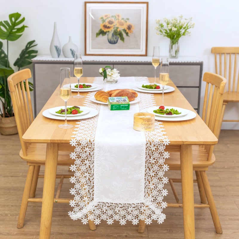 BrekSdat White lace Premium Rectangle Farmhouse Table Runner Waterproof OilProof SpillProof AntiShrink Soft Wrinkle Resistant Decorative Fabric Table Cover Kitchen Dinning Party Wedding Banquet