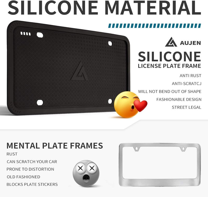 AUJEN Silicone License Plate Frames Black, 2 Pack Car License Plate Frame, Universal US Black License Plate Holders Brackets Rust-Proof, Weather & Rattle-Proof, Car Accessories - Image 5