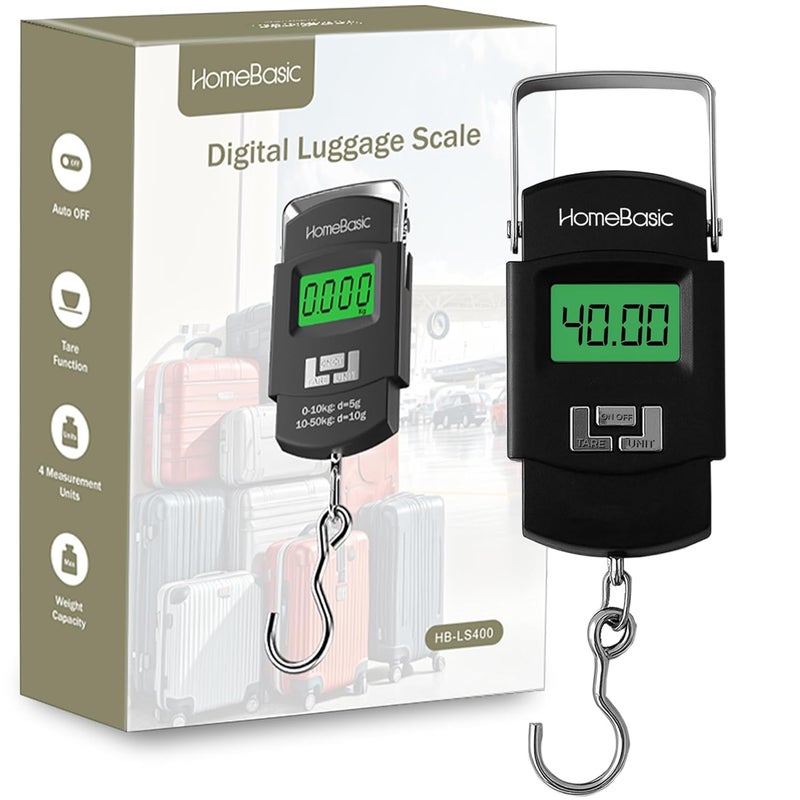 Home Basic ميزان أمتعة رقمي 50 كجم (4 أوضاع وحدة) دقة عالية آلة وزن سفر محمولة، شاشة LCD، وظيفة الوزن الصافي، تنبيه الوزن الزائد، حزام خطاف، للسفر المنزل المطبخ المتجر (أسود) - Image 1