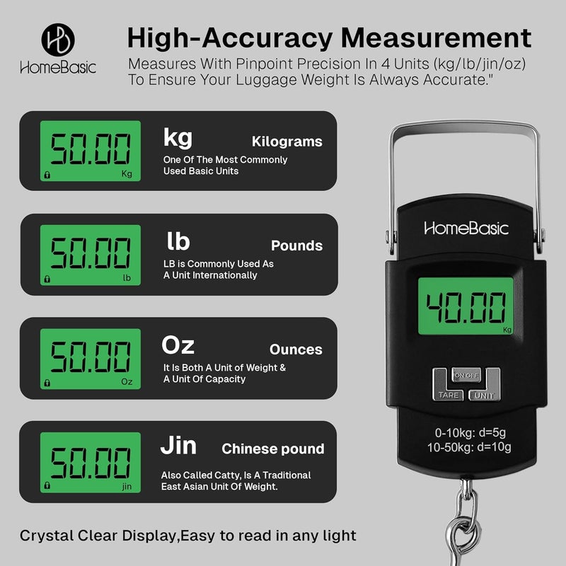 Home Basic ميزان أمتعة رقمي 50 كجم (4 أوضاع وحدة) دقة عالية آلة وزن سفر محمولة، شاشة LCD، وظيفة الوزن الصافي، تنبيه الوزن الزائد، حزام خطاف، للسفر المنزل المطبخ المتجر (أسود) - Image 3