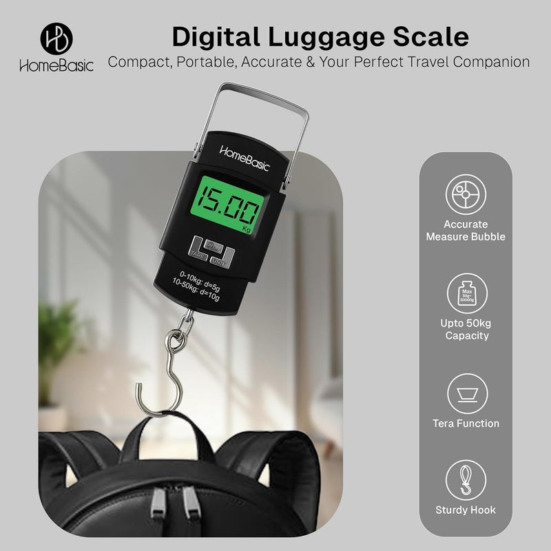 Home Basic ميزان أمتعة رقمي 50 كجم (4 أوضاع وحدة) دقة عالية آلة وزن سفر محمولة، شاشة LCD، وظيفة الوزن الصافي، تنبيه الوزن الزائد، حزام خطاف، للسفر المنزل المطبخ المتجر (أسود) - Image 2