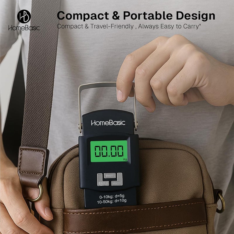 Home Basic ميزان أمتعة رقمي 50 كجم (4 أوضاع وحدة) دقة عالية آلة وزن سفر محمولة، شاشة LCD، وظيفة الوزن الصافي، تنبيه الوزن الزائد، حزام خطاف، للسفر المنزل المطبخ المتجر (أسود) - Image 4