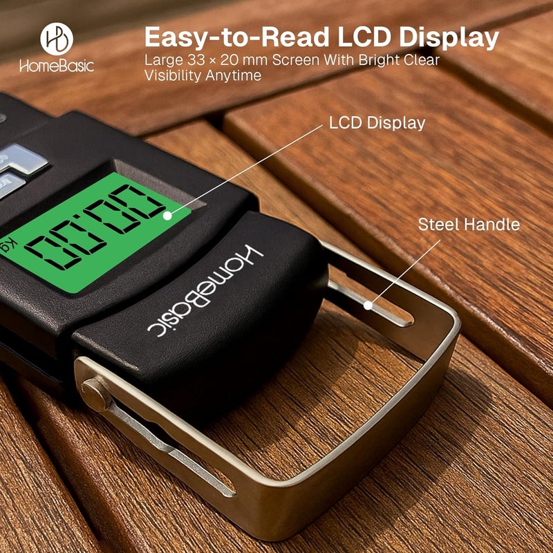 Home Basic ميزان أمتعة رقمي 50 كجم (4 أوضاع وحدة) دقة عالية آلة وزن سفر محمولة، شاشة LCD، وظيفة الوزن الصافي، تنبيه الوزن الزائد، حزام خطاف، للسفر المنزل المطبخ المتجر (أسود) - Image 5
