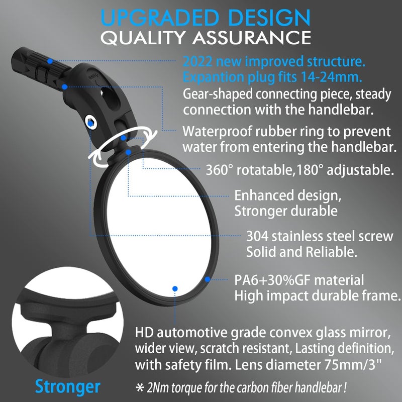 BriskMore Bike Handlebar Mirror,HD Glass Convex Lens Bicycle Rearview Mirror,2PCS Cycling Rear View Mirror, Adjustable Handlebar Wider View Bicycle Mirror for Scooter Road Mountain Bikes - Image 3