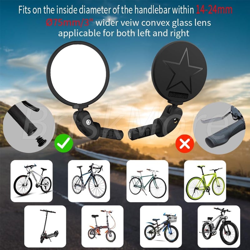 BriskMore Bike Handlebar Mirror,HD Glass Convex Lens Bicycle Rearview Mirror,2PCS Cycling Rear View Mirror, Adjustable Handlebar Wider View Bicycle Mirror for Scooter Road Mountain Bikes - Image 2