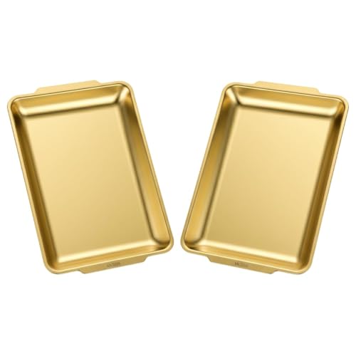 Kruvad Stainless Steel Rectangular Serving Tray Deep Hammered Gold Plated Brass Color Multipurpose Tray for Cake Sweets Pastry Fruits Snacks Decorative Kitchen Serving Set of 2 - Image 1