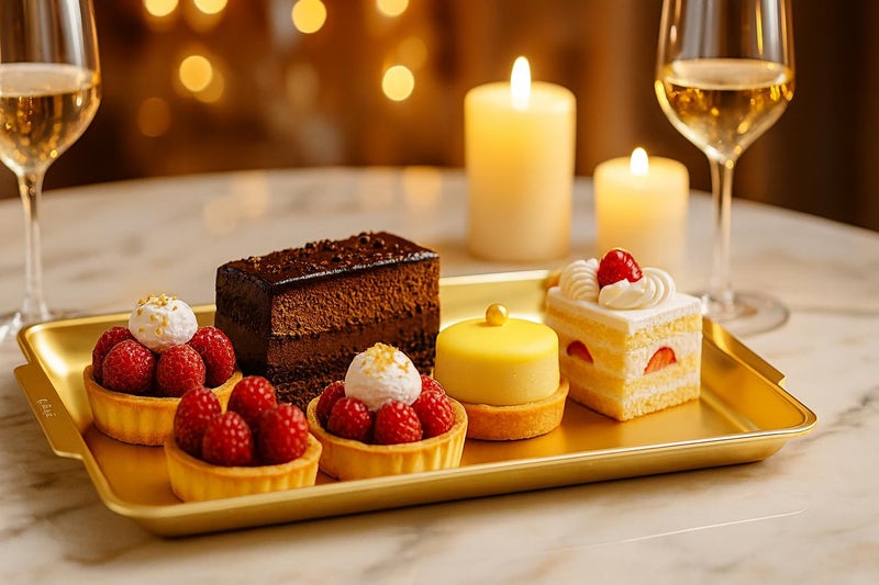 Kruvad Stainless Steel Rectangular Serving Tray Deep Hammered Gold Plated Brass Color Multipurpose Tray for Cake Sweets Pastry Fruits Snacks Decorative Kitchen Serving Set of 2 - Image 3