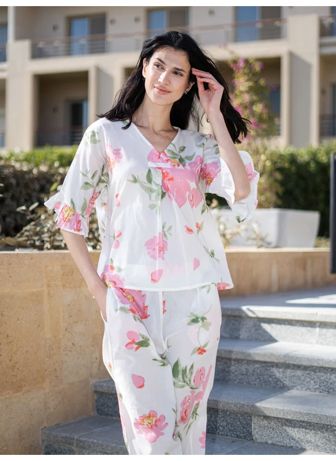 sanskrutihomes Sanskrutihomes Floral Printed Pure Cotton Top and Straight Pyjama Set