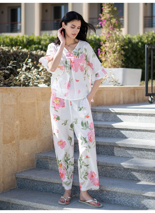 sanskrutihomes Sanskrutihomes Floral Printed Pure Cotton Top and Straight Pyjama Set
