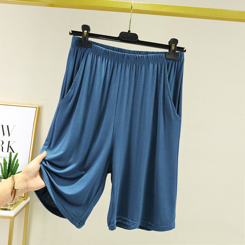 Pocket Mens Modal Shorts Pajama Pants Loose Large Size Casual Thin Half-length Pants Outer Wearable Home Pants Ink Blue - Image 1
