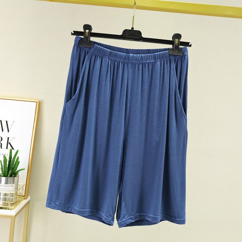 Pocket Mens Modal Shorts Pajama Pants Loose Large Size Casual Thin Half-length Pants Outer Wearable Home Pants Ink Blue - Image 4
