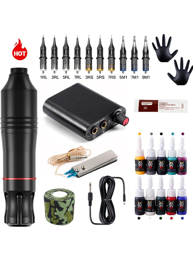 Tattoo Pen Kit, All In One Tattoo Machine Set, Durable Safe Tattoo Supplies Kit, Tattoo Pen, Tattoo Integrated Needles, Tattoo Pigment 10 Colors Set, Steel Pedal, Repair Cream, Bnadage, (Black Suit) - Image 1