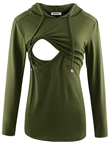 GINKANA Women's Maternity Nursing Shirts Top Long Sleeves Breastfeeding Tops Casual Clothes,Olive Green,M - Image 1
