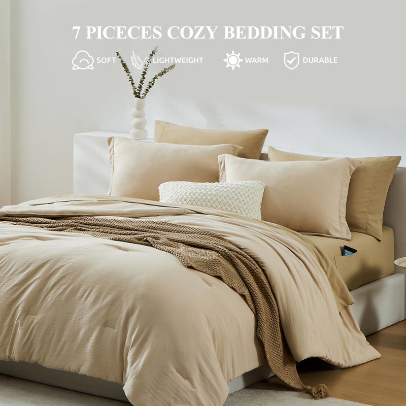 WRENSONGE Oversized Queen Comforter Set - 7 Pieces Beige Bed in a Bag Queen with Sheets, 2 Pillow Shams, and 2 Pillowcases- Warm Bedding Sets Queen for All Season - Image 4