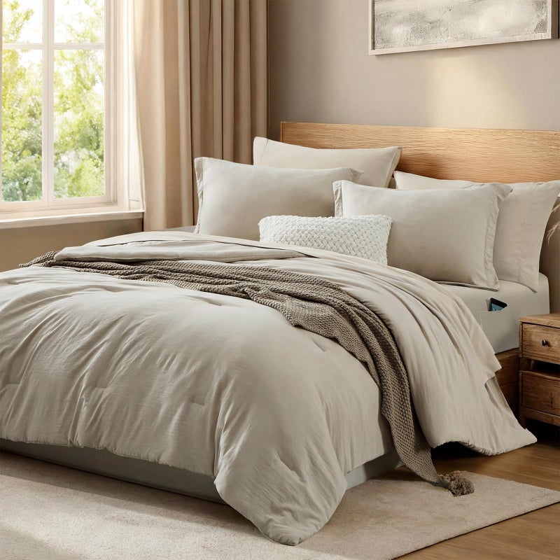 WRENSONGE Oversized Queen Comforter Set - 7 Pieces Beige Bed in a Bag Queen with Sheets, 2 Pillow Shams, and 2 Pillowcases- Warm Bedding Sets Queen for All Season - Image 2