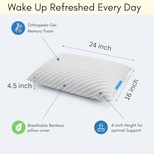 9villa Orthopedic Cooling Gel Memory Foam Pillow | Cervical Pillow for Neck & Shoulder Pain Relief Support for Sleeping | with Knitted Fabric Removable Cover Set of 2 (16 x 24 x 4.5 inch) Grey - Image 2