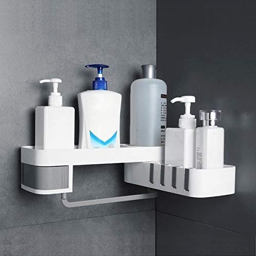 HMV MALL ABS Plastic Rotating Bathroom Shelf Kitchen Bathroom Corner Storage Rack Wall Mounted Storage Rack Organizer with 4 Hook and Towel Bar Multi Color - Image 1