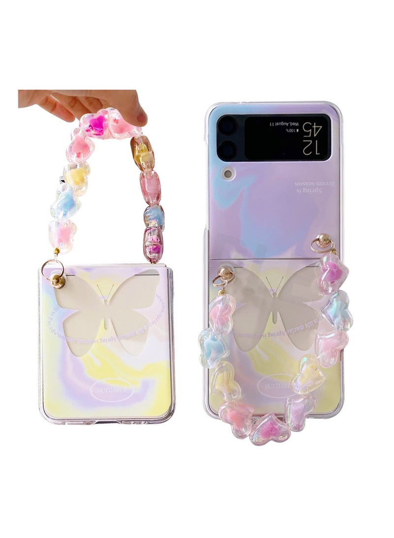 Captaintech Case for Samsung Galaxy Z Flip 3 Case with Hand Strap, Purple Butterfly Cute, Fashion Women Girls Clear Hard PC Scratch-Resistant Protective Case with Strap - Image 1