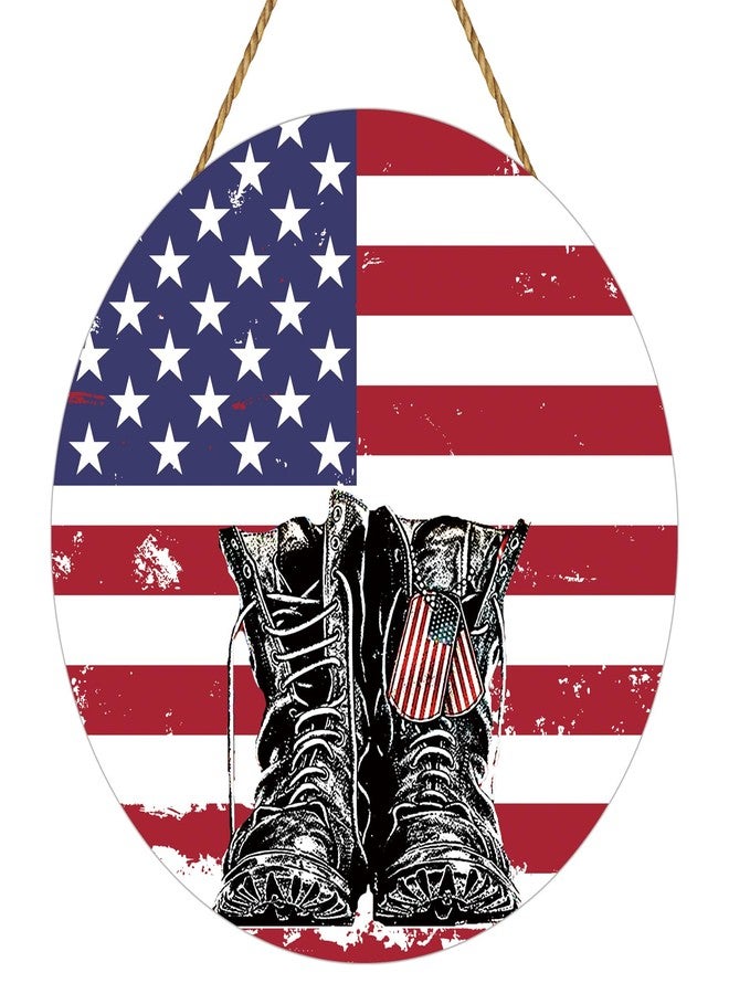 YUNKKIN Memorial Day Decorations Patriotic Wreath American Soldier Boots Hanging Sign Memorial Day Wreath Wooden Front Door Hanger 4th of July Patriotic Decorations for Porch Wall Indoor Home Decor - Image 1