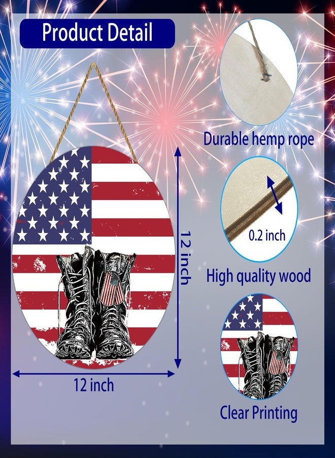 YUNKKIN Memorial Day Decorations Patriotic Wreath American Soldier Boots Hanging Sign Memorial Day Wreath Wooden Front Door Hanger 4th of July Patriotic Decorations for Porch Wall Indoor Home Decor - Image 2