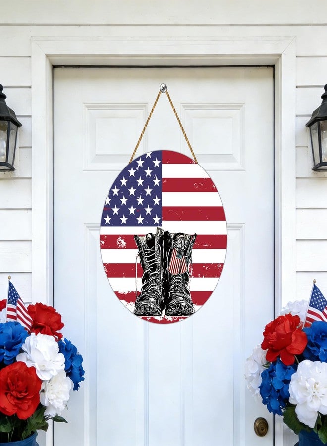 YUNKKIN Memorial Day Decorations Patriotic Wreath American Soldier Boots Hanging Sign Memorial Day Wreath Wooden Front Door Hanger 4th of July Patriotic Decorations for Porch Wall Indoor Home Decor - Image 3
