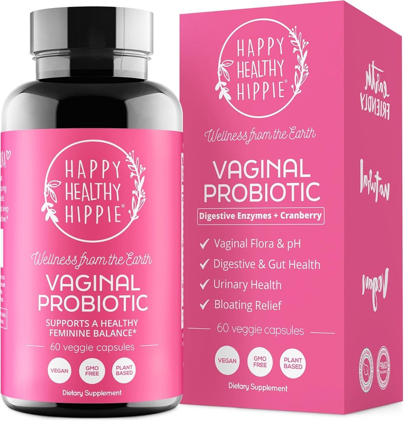 HAPPY HEALTHY HIPPIE Vaginal Probiotics for Women  ph Balance for Women  10B CFU  10 Strains  Cranberry  DMannose  BV Yeast Flora  Odor Control  Urinary Gut  Digestive Health Support Pills 60 Ct - Image 1