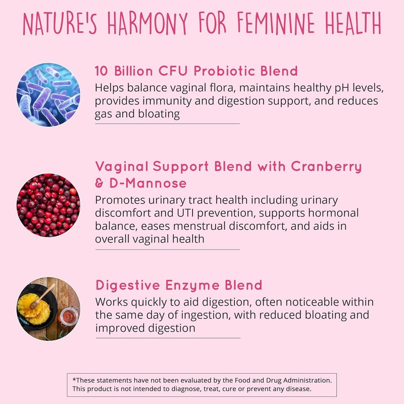 HAPPY HEALTHY HIPPIE Vaginal Probiotics for Women  ph Balance for Women  10B CFU  10 Strains  Cranberry  DMannose  BV Yeast Flora  Odor Control  Urinary Gut  Digestive Health Support Pills 60 Ct - Image 2