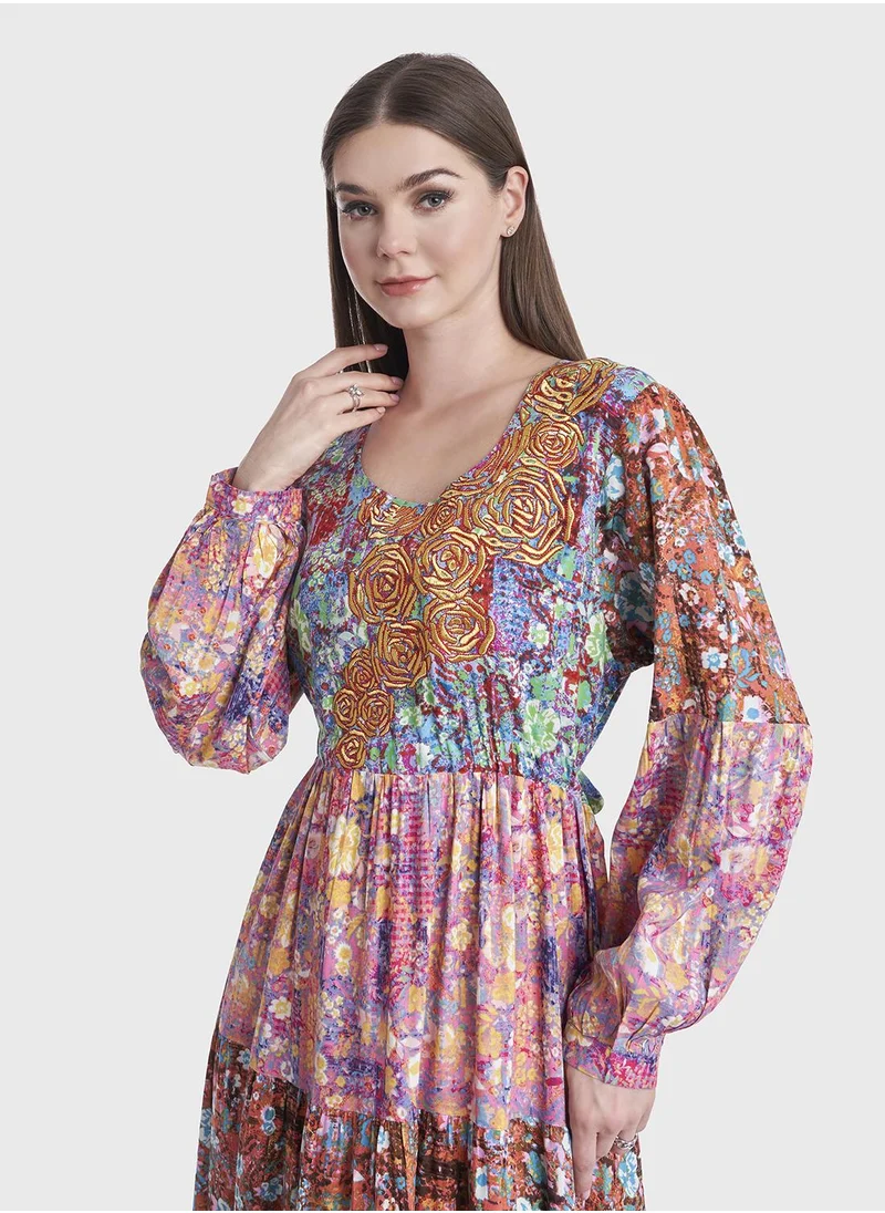 KASHKHA Floral and Snake Print Rayon Jalabiya