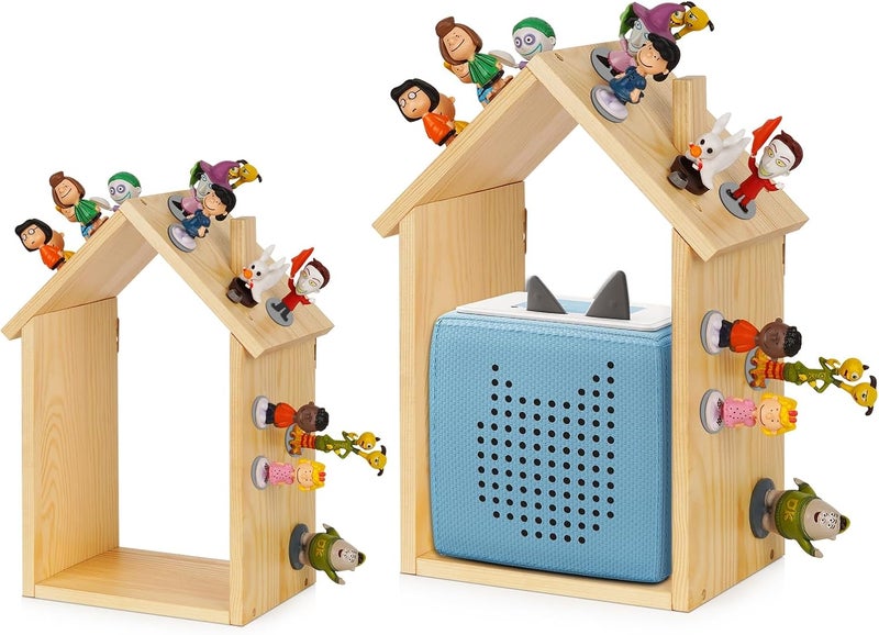 Exttlliy For Tonies Shelf Magnetic - Figure Organizer Kids Room, Wooden Display Box Holder, Wall Floating Shelves Toy Storage, House Shape Set Of 2 With 38Pcs Adhesive Metal Plate - Image 1
