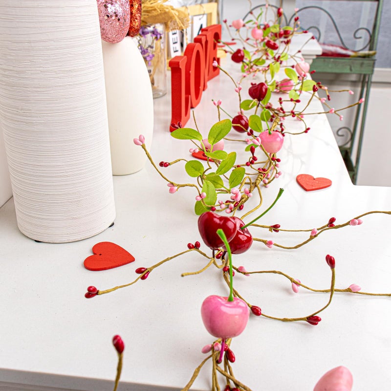 Yawwind 6 FT Vintage Valentines Garlands Farmhouse Valentine Day Garland Valentines Garland for Mantle Pink Red Heart Cherry Garlands for Wedding Table Fireplace Mantel Stairs - Image 2