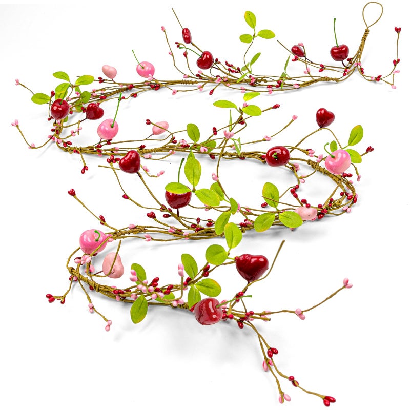 Yawwind 6 FT Vintage Valentines Garlands Farmhouse Valentine Day Garland Valentines Garland for Mantle Pink Red Heart Cherry Garlands for Wedding Table Fireplace Mantel Stairs - Image 1