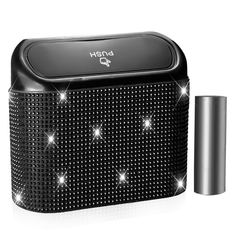 صندوق قمامة سيارة NBTEPEM مزين بالأحجار اللامعة مع غطاء صندوق قمامة صغير للسيارة مع 30 كيس قمامة حاوية قمامة سيارات مانعة للتسرب ملحقات سيارة مزينة للنساء ماسية سوداء