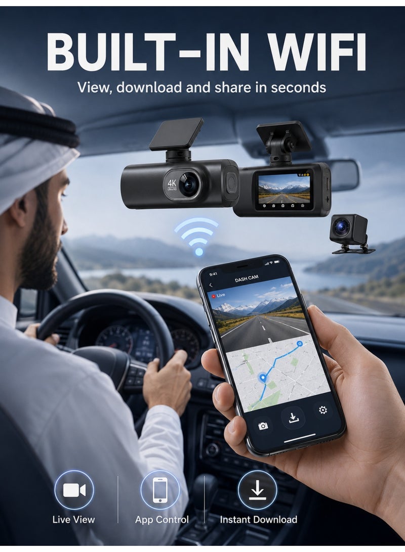 ألونغد كاميرا سيارة 4K UHD ثنائية القناة أمامية وخلفية مزودة بخاصية WiFi GPS مدمجة ومستشعر G ورؤية ليلية ومراقبة وقوف السيارات للسيارات - Image 3
