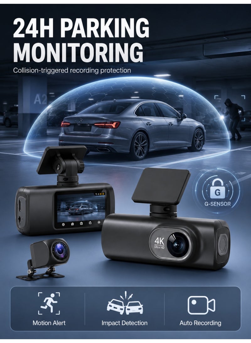 ألونغد كاميرا سيارة 4K UHD ثنائية القناة أمامية وخلفية مزودة بخاصية WiFi GPS مدمجة ومستشعر G ورؤية ليلية ومراقبة وقوف السيارات للسيارات - Image 4