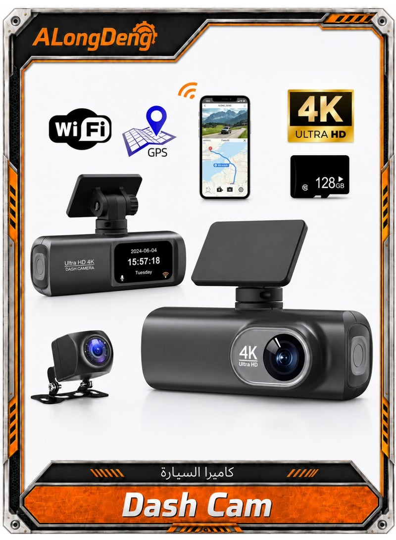 ألونغد كاميرا سيارة 4K UHD ثنائية القناة أمامية وخلفية مزودة بخاصية WiFi GPS مدمجة ومستشعر G ورؤية ليلية ومراقبة وقوف السيارات للسيارات - Image 1