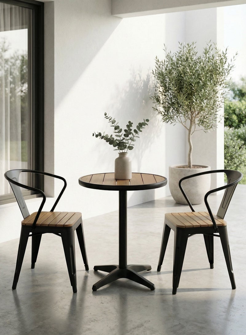 صن رايز طقم جلوس خارجي 3 قطع، كرسيان قابلان للتكديس وطاولة دائرية، مناسب للبلكونة والفناء والحديقة، أسود - Image 1