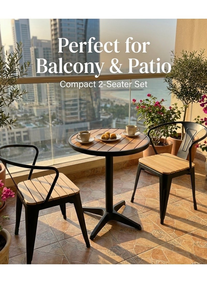 صن رايز طقم جلوس خارجي 3 قطع، كرسيان قابلان للتكديس وطاولة دائرية، مناسب للبلكونة والفناء والحديقة، أسود - Image 2